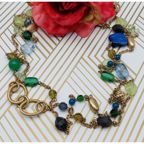Lia Sophia Long Double Strand Beaded Necklace Brushed Gold Tone Green Blue 40" - Picture 1 of 11